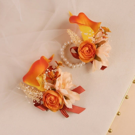 Orange Calla Lily Rose Boutonniere Corsage Set