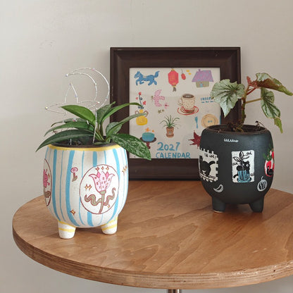 Whimsical Hand-Painted Footed Ceramic Planter