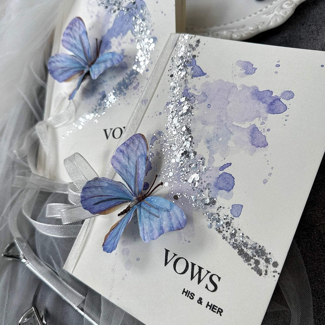 Glitter Blue Butterfly Vows Cards (Set of 2)
