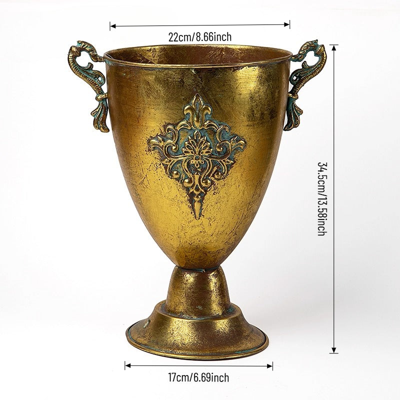 Antique Gold Metal Urn Planter Trumpet Vase