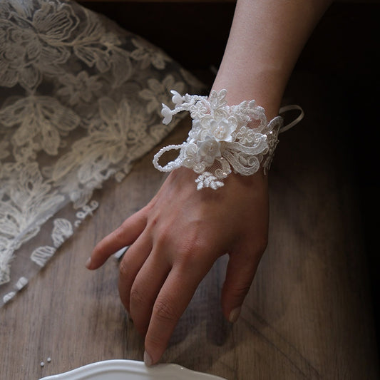 White Lace Pearl Boutonniere Wrist Corsage Set