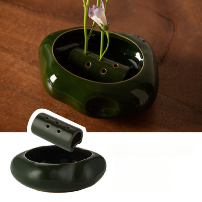 Ceramic Ikebana Bowl Vase with Dual Flower Frogs
