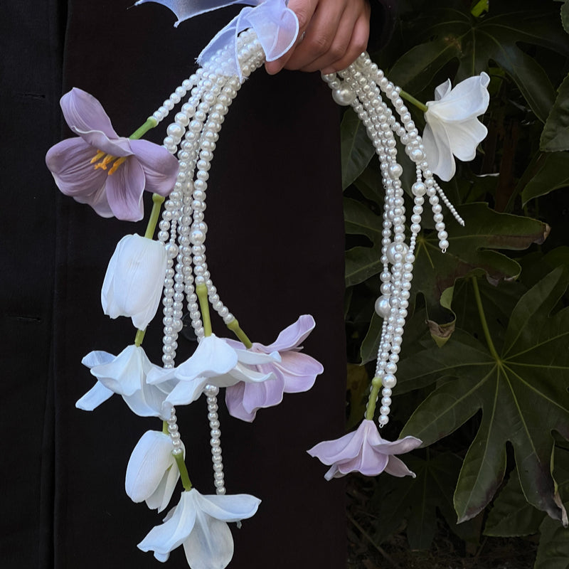 Unique Tulip Pearl Waterfall Wedding Bouquet