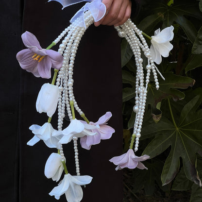 Unique Tulip Pearl Waterfall Wedding Bouquet