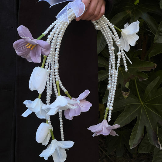 Unique Tulip Pearl Waterfall Wedding Bouquet