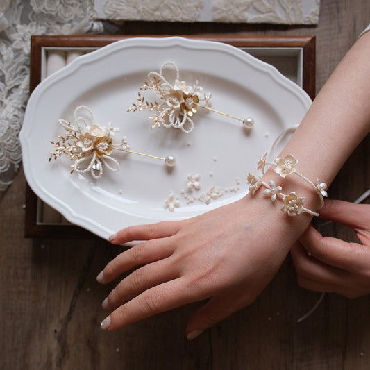 Champagne Gold Pearl Boutonniere Wrist Corsage Set