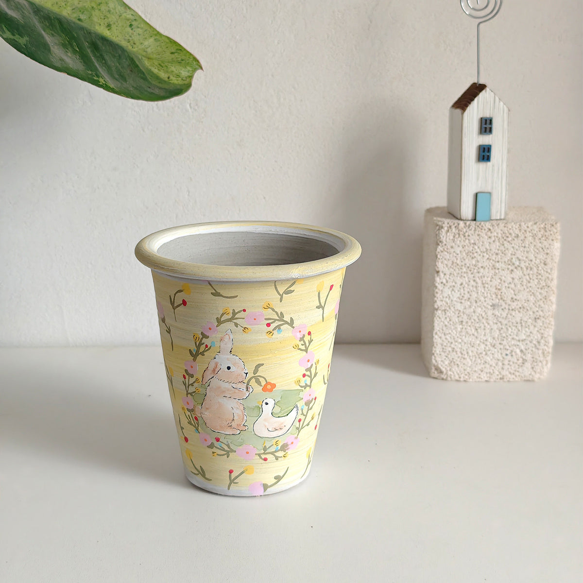 Whimsical Bunny & Duckling Ceramic Planter