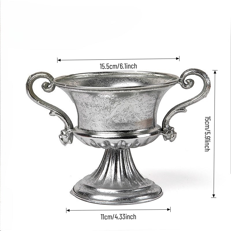 Vase trompette jardinière en métal argenté antique