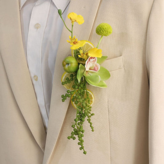 Green Orchid Lemon Boutonniere Wrist Corsage Set