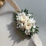 Load image into Gallery viewer, Preserved White Austin Rose Boutonniere &amp; Wrist Corsage
