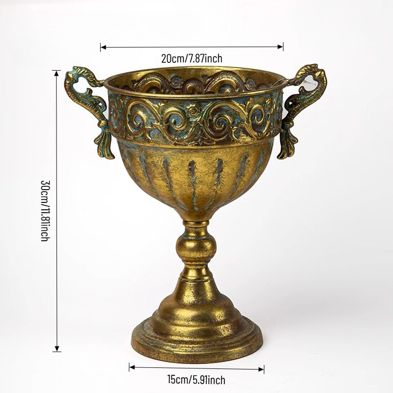 Antique Gold Metal Urn Planter Trumpet Vase