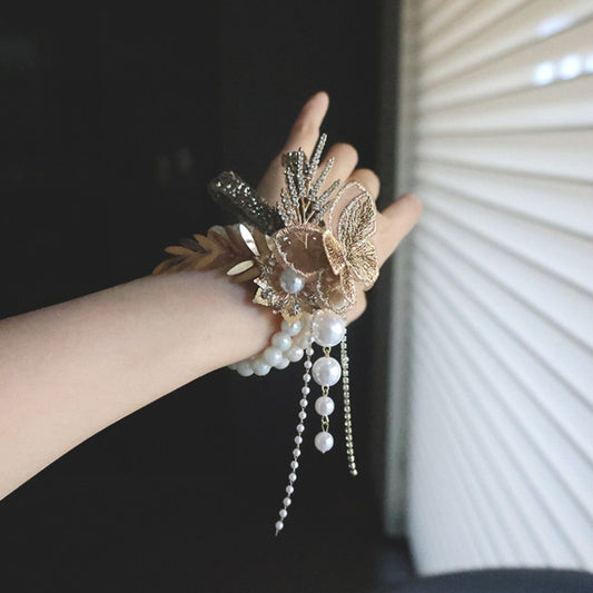 Champagne Gold Pearl Wrist Corsage Bracelet
