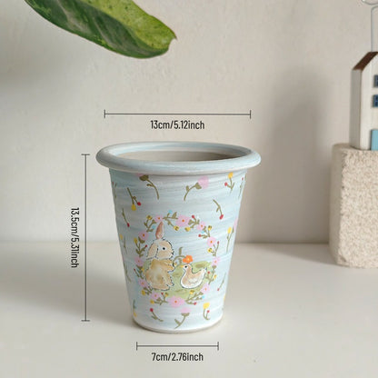 Whimsical Bunny & Duckling Ceramic Planter