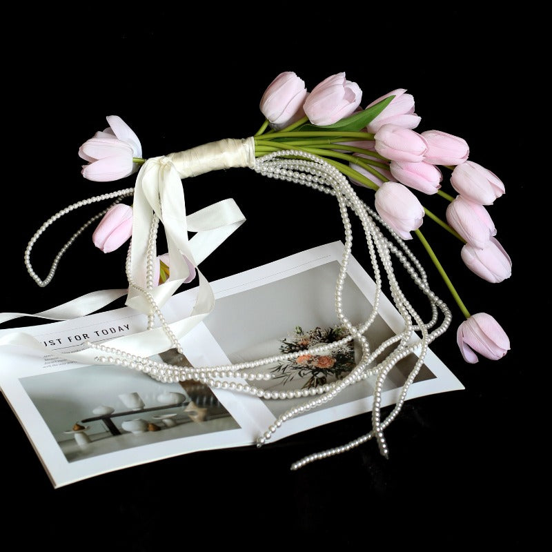Tulip Cascading Wedding Bouquet with Pearl Strands