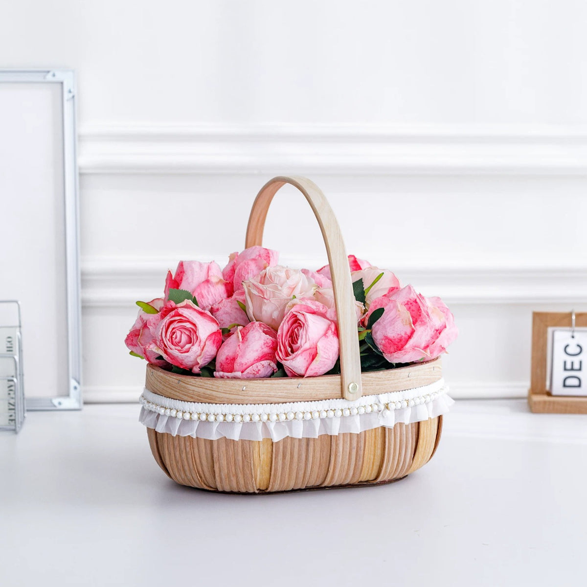 Oval Wood-Chip Flower Basket with Lace Trim
