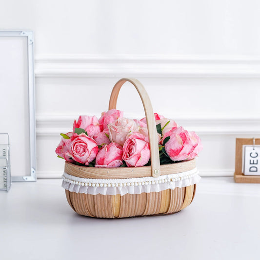 Oval Wood-Chip Flower Basket with Lace Trim