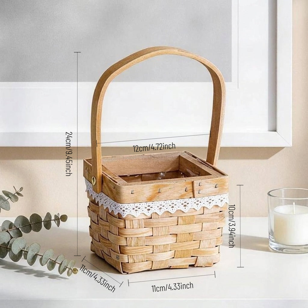 Mini Wood-Chip Flower Basket with Lace Trim
