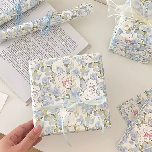 Blue Floral Kitten Gift Wrap Paper Pack 12