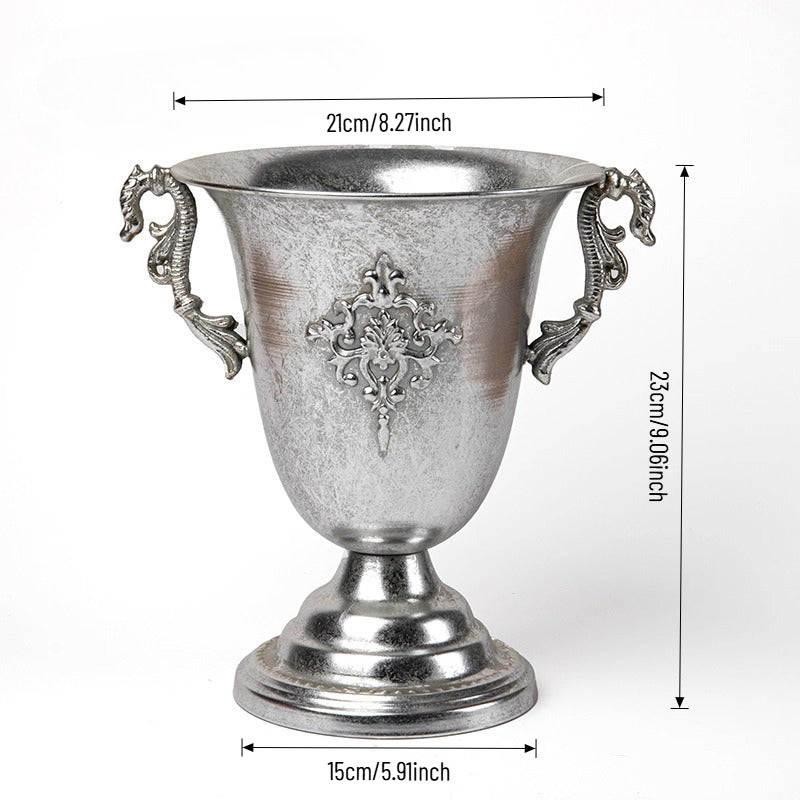 Vase trompette jardinière en métal argenté antique