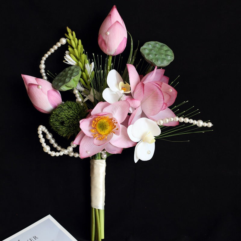 Pink Lotus & Orchid Pearl Bridal Bouquet