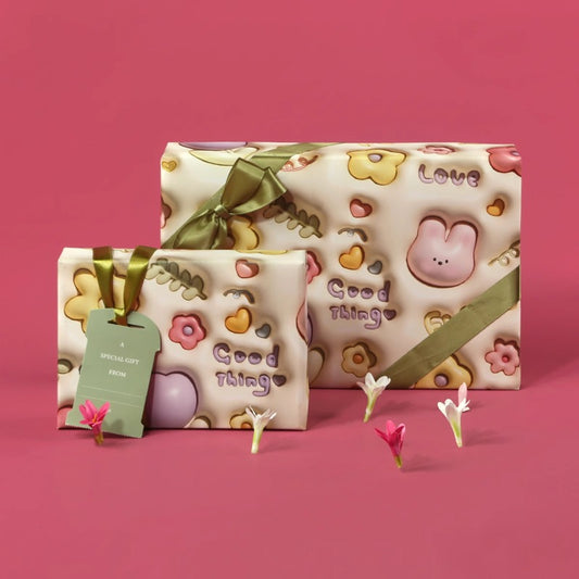 Papier cadeau 3D dessin animé beige (50x70 cm), lot de 2