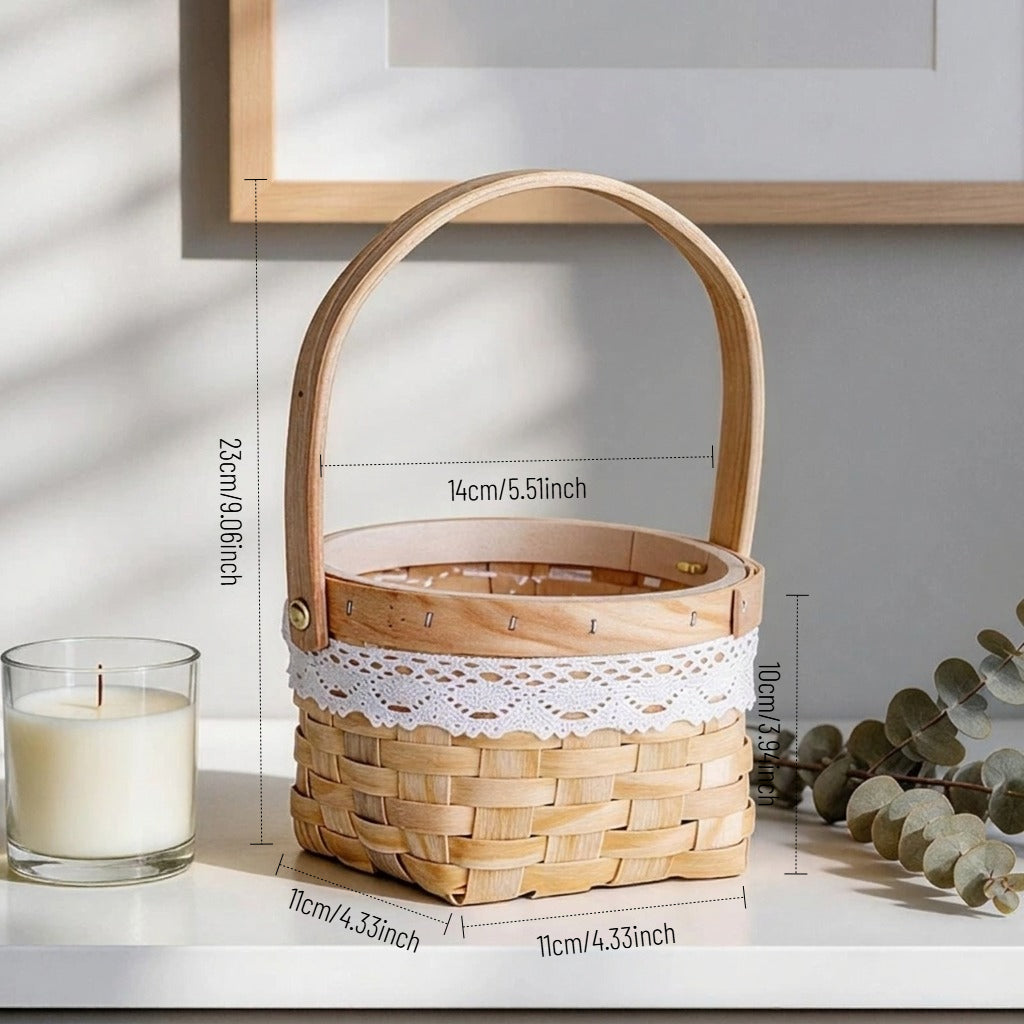 Mini Wood-Chip Flower Basket with Lace Trim