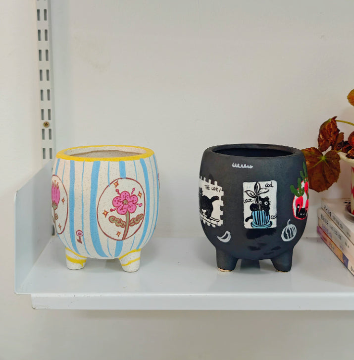 Whimsical Hand-Painted Footed Ceramic Planter