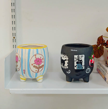 Whimsical Hand-Painted Footed Ceramic Planter