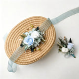 Load image into Gallery viewer, Light Blue Preserved Rose Boutonniere Wrist Corsage