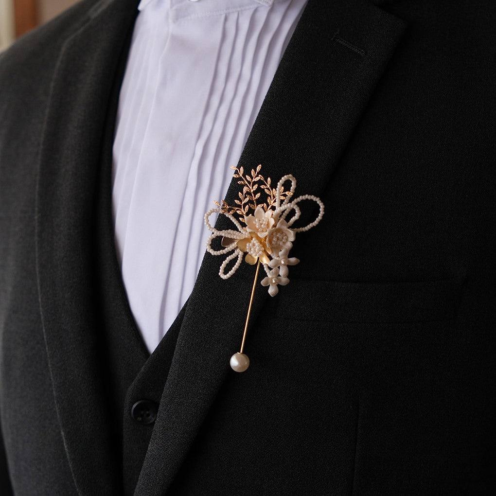 Champagne Gold Pearl Boutonniere Wrist Corsage Set