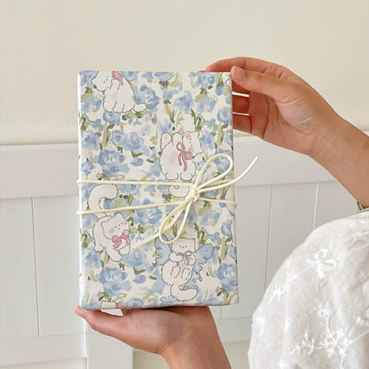 Blue Floral Kitten Gift Wrap Paper Pack 12