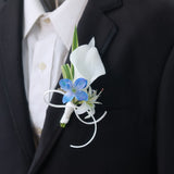 Load image into Gallery viewer, White Calla Lily Blue Flower Boutonniere Corsage Set