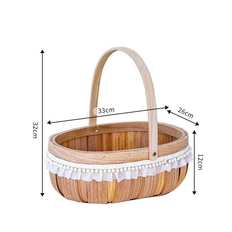 Oval Wood-Chip Flower Basket with Lace Trim