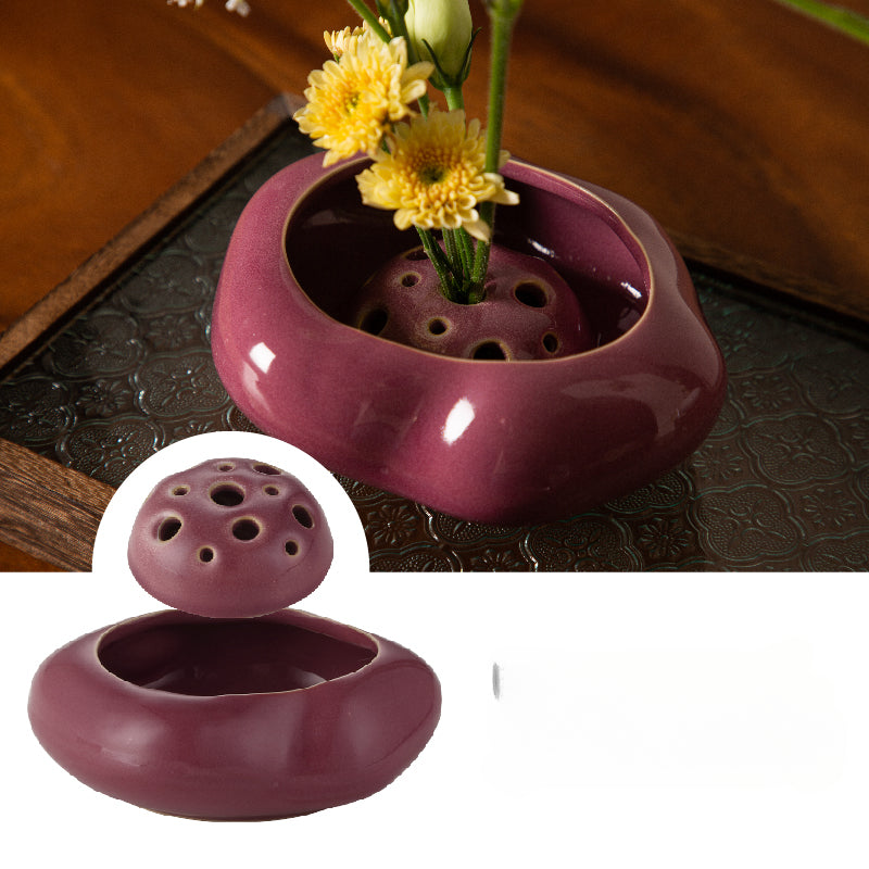 Ceramic Ikebana Bowl Vase with Dual Flower Frogs