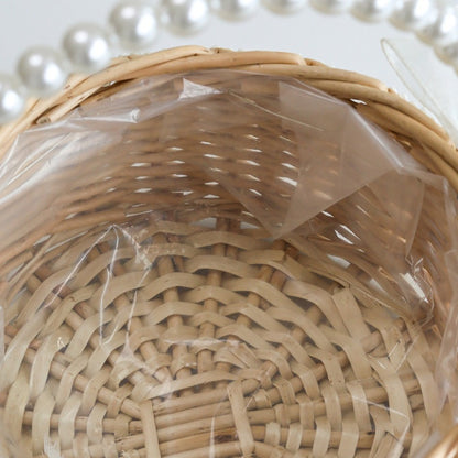 Round Wicker Basket with Pearl Handle Tassel