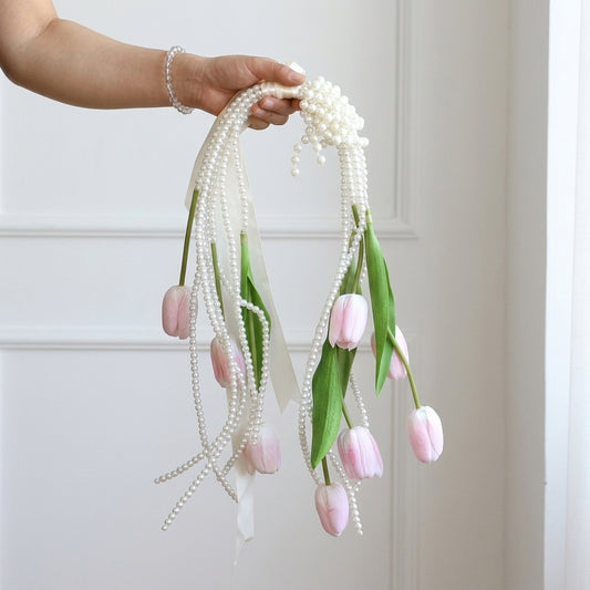 Bouquet de mariée artificiel en cascade tulipes et perles
