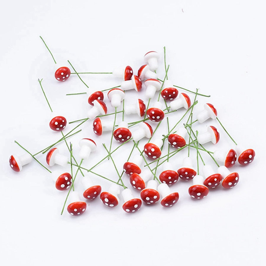 100pcs Red Artificial Mushroom Ornaments with Wire Stems