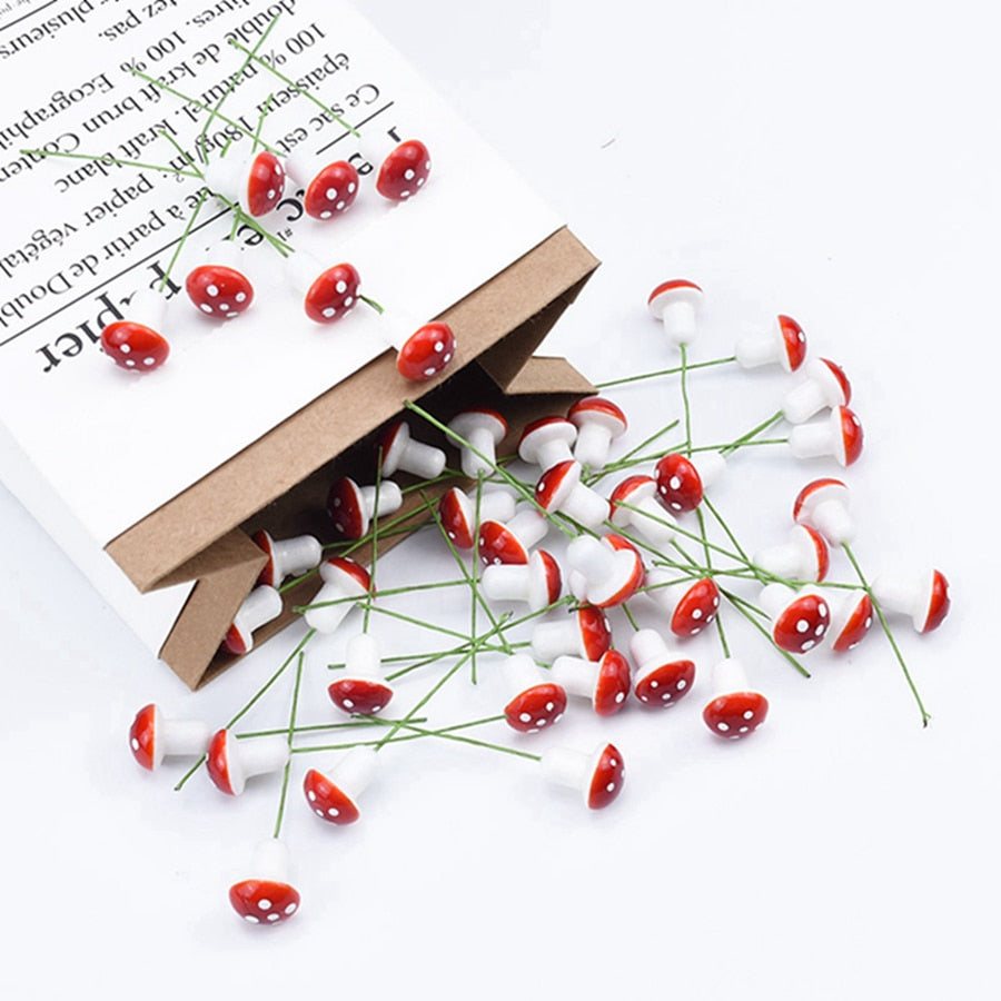 100pcs Red Artificial Mushroom Ornaments with Wire Stems