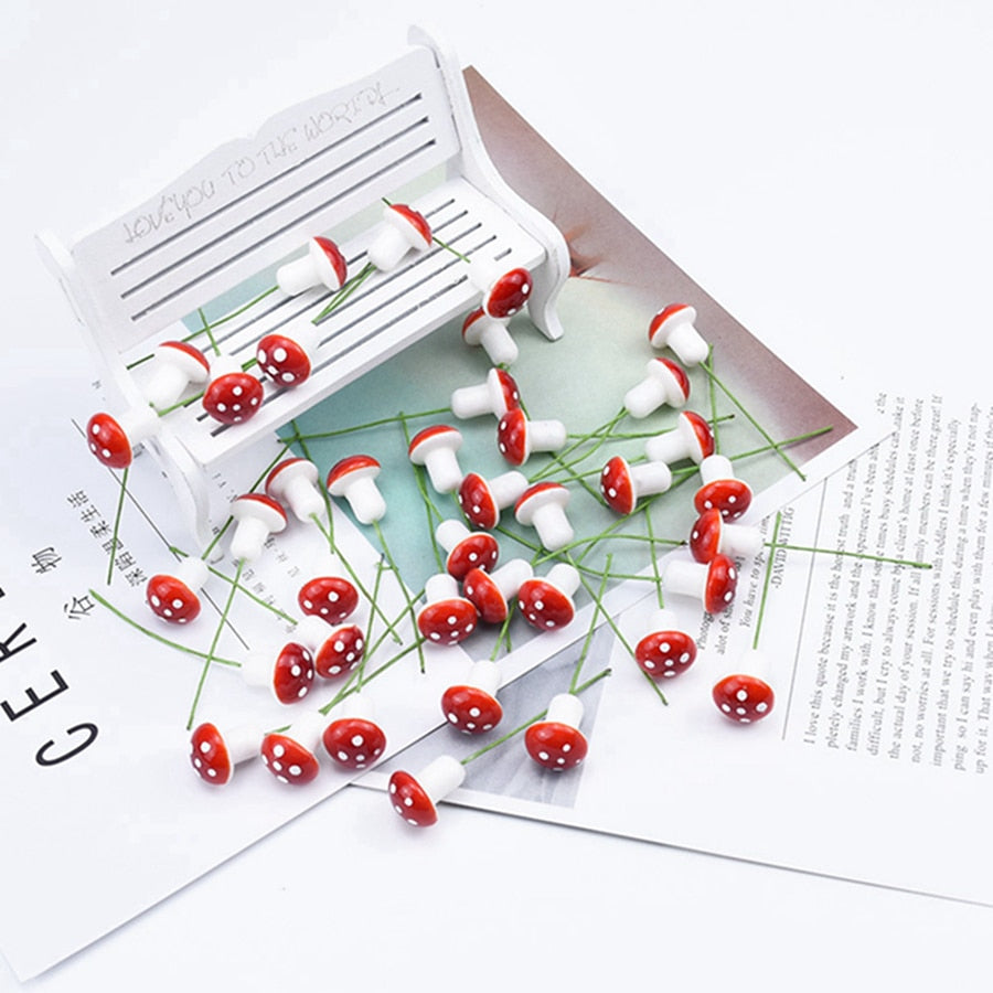 100pcs Red Artificial Mushroom Ornaments with Wire Stems