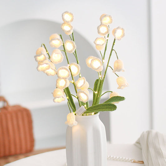 5pcs Finished Crochet Lily of The Valley with LED Fairy Lights Knitting Artificial Flower