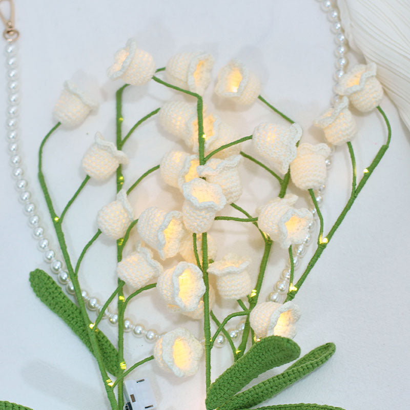 5pcs Finished Crochet Lily of The Valley with LED Fairy Lights Knitting Artificial Flower