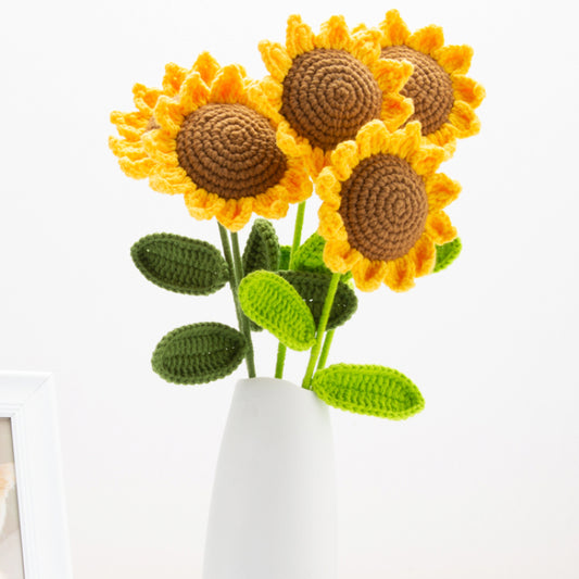 5pcs Finished Crochet Sunflower Branches Cotton Yarn Knitting Artificial Flower