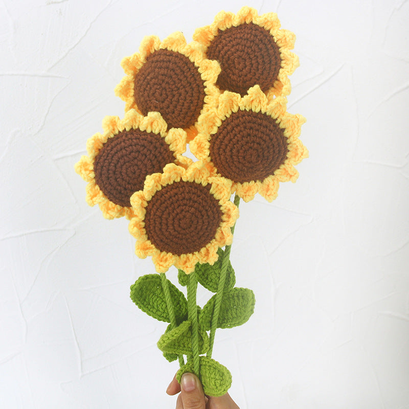 5pcs Finished Crochet Sunflower Branches Cotton Yarn Knitting Artificial Flower