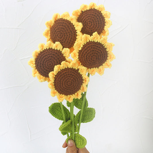 5pcs Finished Crochet Sunflower Branches Cotton Yarn Knitting Artificial Flower