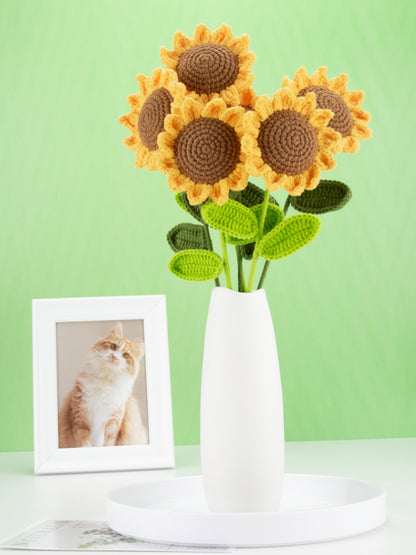 5pcs Finished Crochet Sunflower Branches Cotton Yarn Knitting Artificial Flower