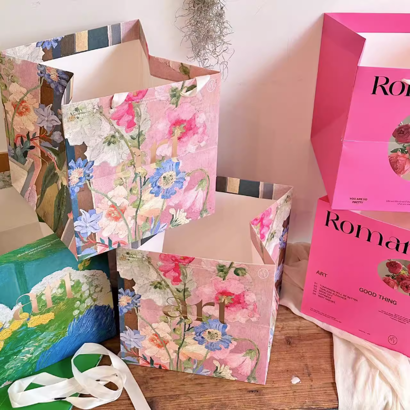 Flower Art Print Large Square Gift Bags Pack