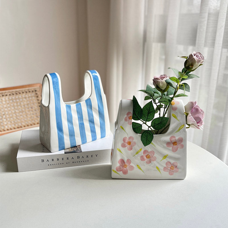 Modern Stripe Shopping Bag Ceramic Vase Flower Plant Container