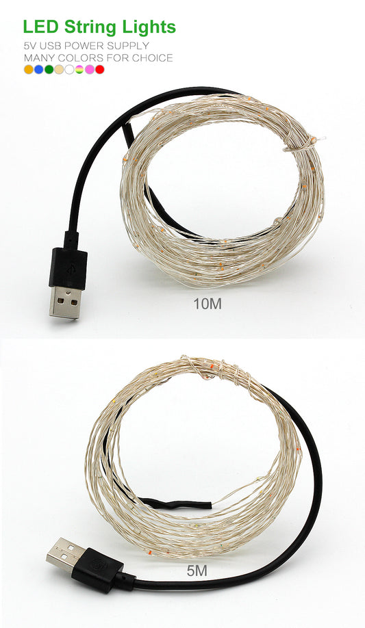 10M 5M USB Waterproof Copper Wire Garland Fairy Light