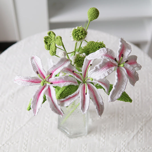 Set of 3 Pieces Finished Crochet Lily Branch Artificial Flowers Yarn Knitting Flower