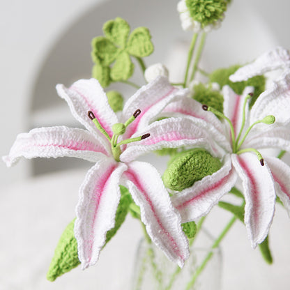 Set of 3 Pieces Finished Crochet Lily Branch Artificial Flowers Yarn Knitting Flower